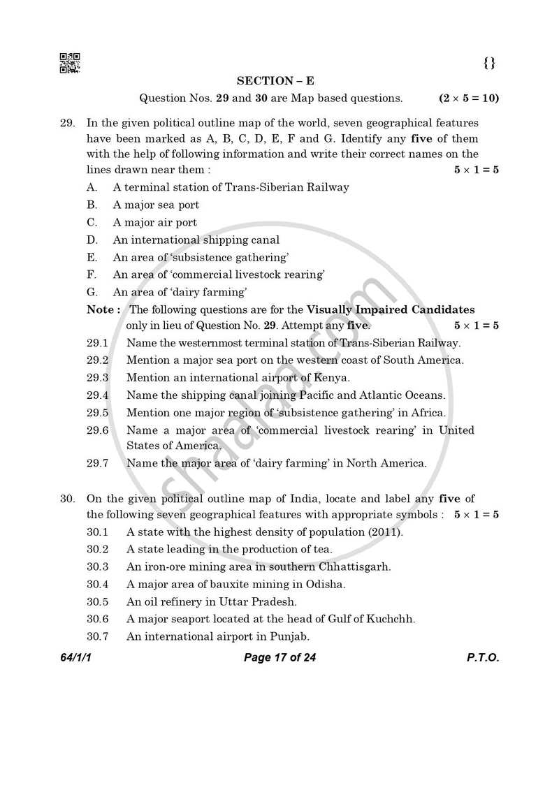 Geography 2025-2026 - CBSE 12th - Class 12 - CBSE (Central Board of Secondary Education) question paper with PDF download