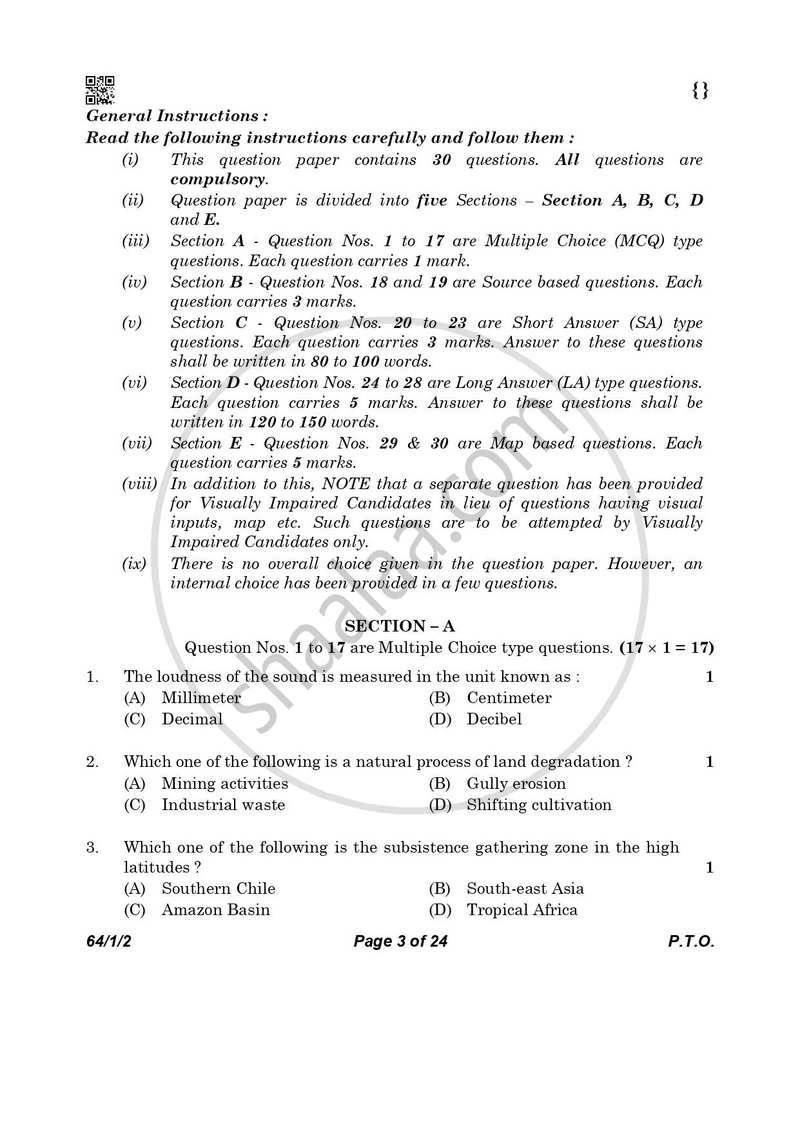Geography 2025-2026 - CBSE 12th - Class 12 - CBSE (Central Board of Secondary Education) question paper with PDF download