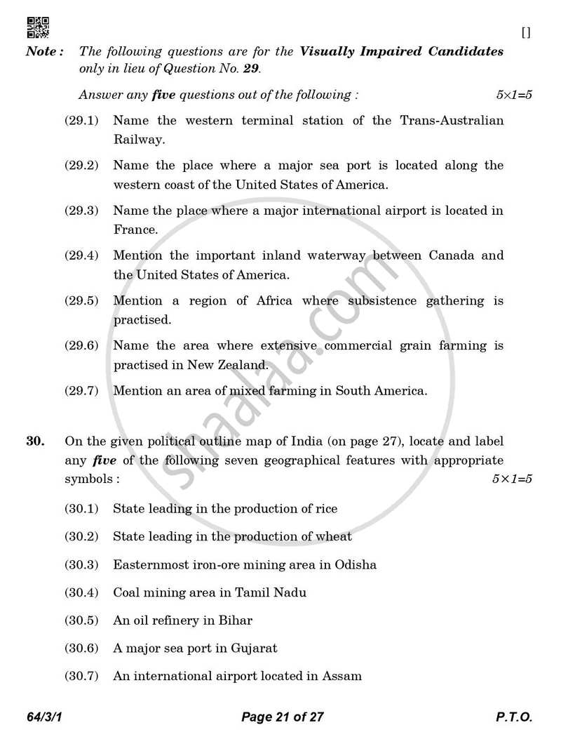 Geography 2025-2026 - CBSE 12th - Class 12 - CBSE (Central Board of Secondary Education) question paper with PDF download