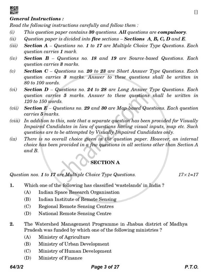 Geography 2025-2026 - CBSE 12th - Class 12 - CBSE (Central Board of Secondary Education) question paper with PDF download