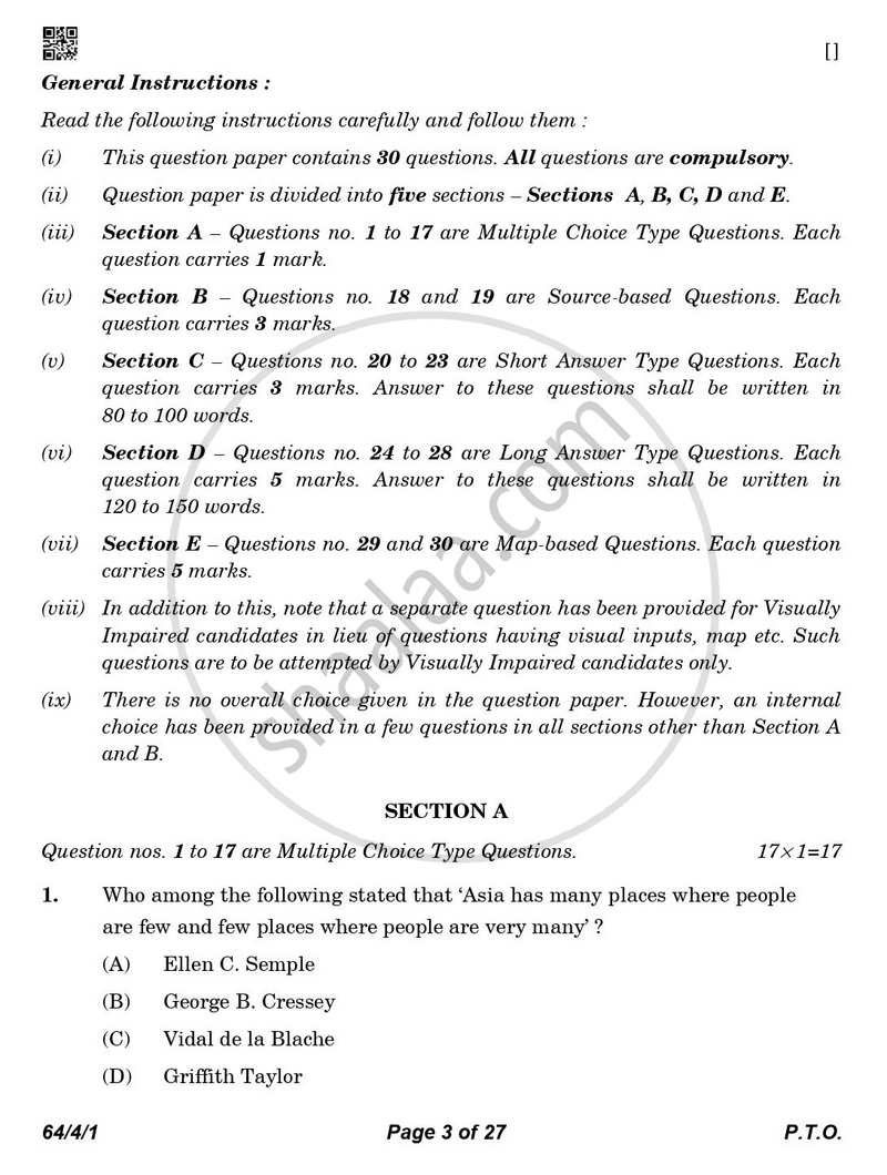 Geography 2025-2026 - CBSE 12th - Class 12 - CBSE (Central Board of Secondary Education) question paper with PDF download