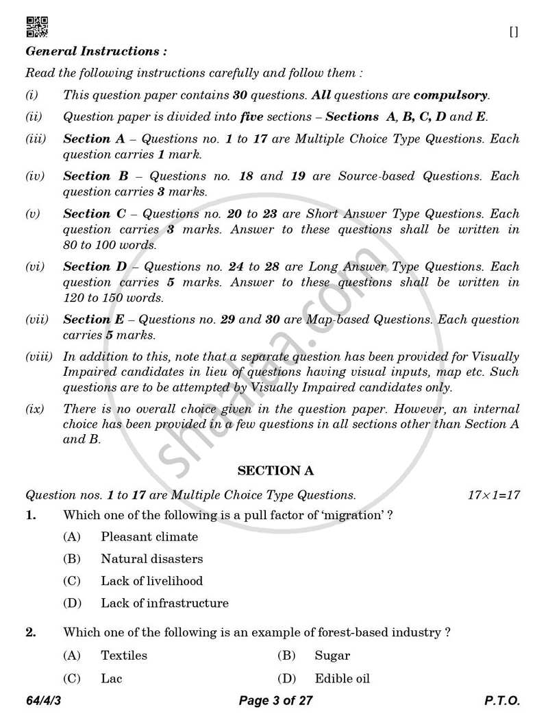 Geography 2025-2026 - CBSE 12th - Class 12 - CBSE (Central Board of Secondary Education) question paper with PDF download