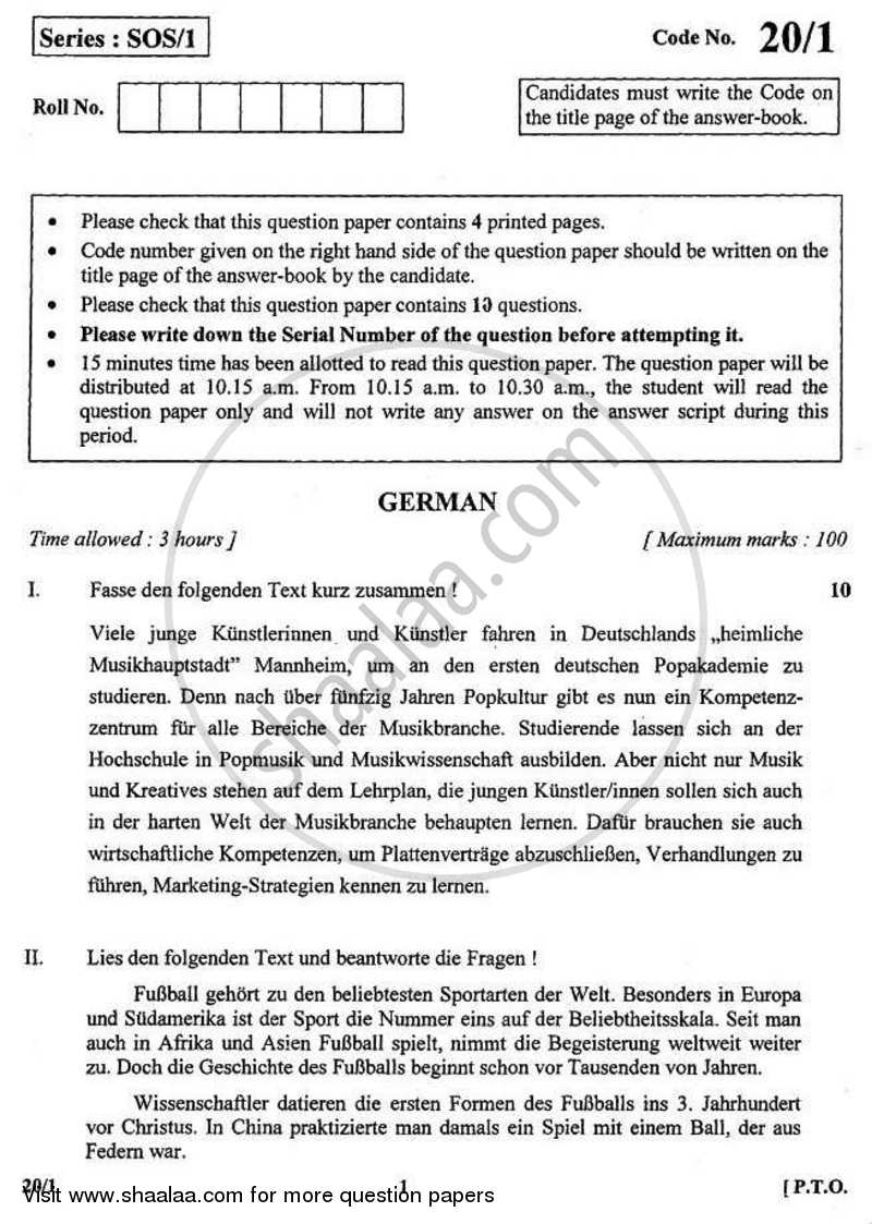 German 2010-2011 - CBSE 12th - Class 12 - CBSE (Central Board of Secondary Education) question paper with PDF download