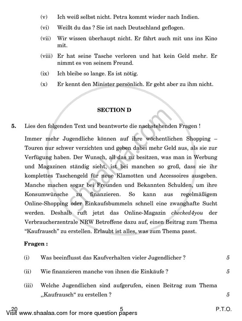 German 2016-2017 - CBSE 12th - Class 12 - CBSE (Central Board of Secondary Education) question paper with PDF download