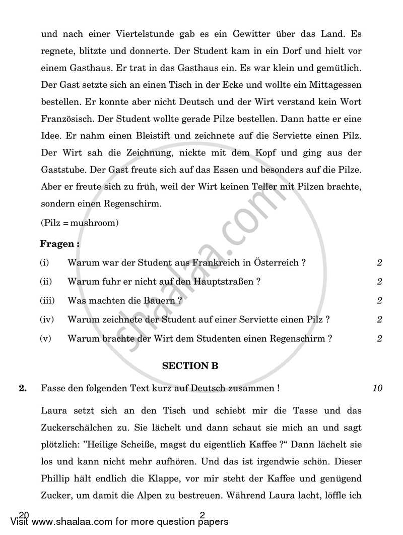 German 2017-2018 - CBSE 12th - Class 12 - CBSE (Central Board of Secondary Education) question paper with PDF download