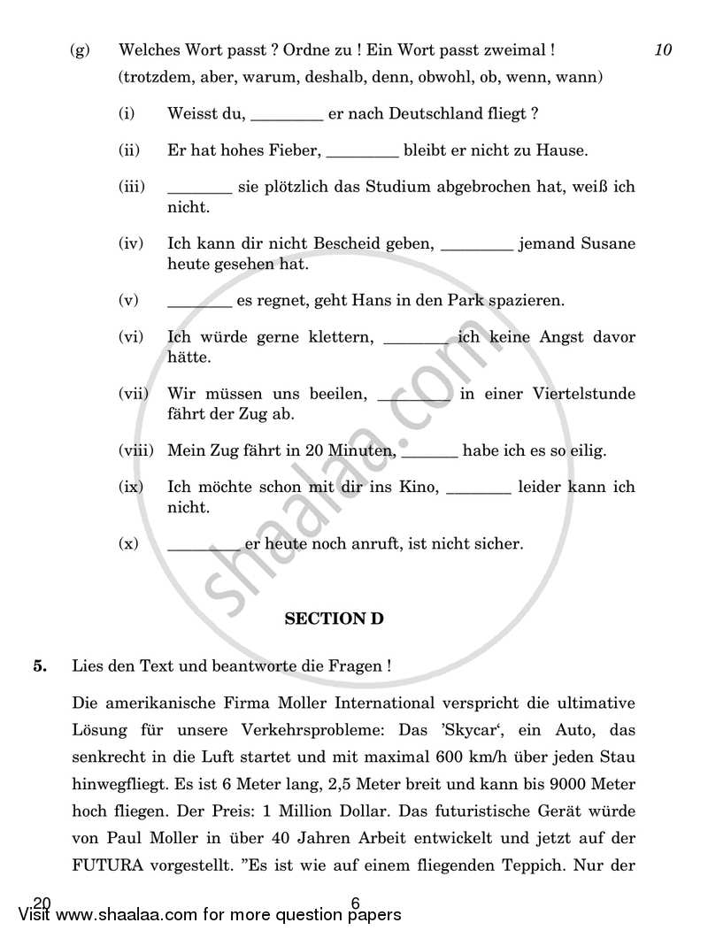 German 2017-2018 - CBSE 12th - Class 12 - CBSE (Central Board of Secondary Education) question paper with PDF download