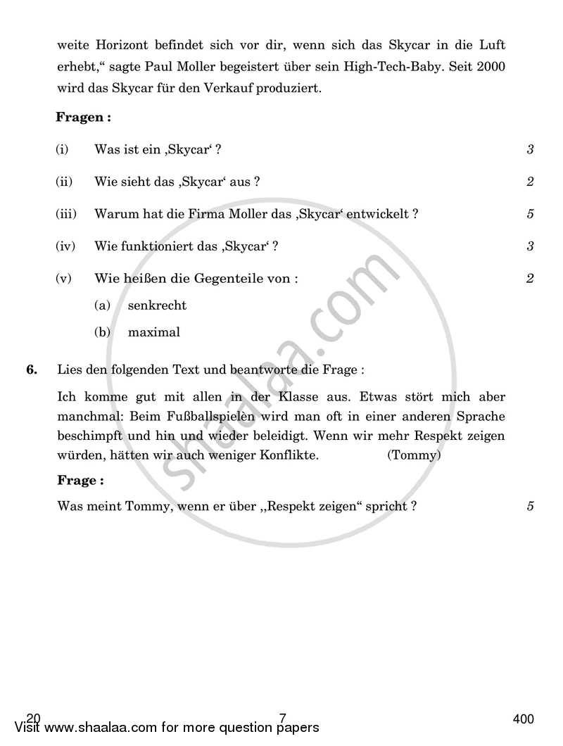 German 2017-2018 - CBSE 12th - Class 12 - CBSE (Central Board of Secondary Education) question paper with PDF download