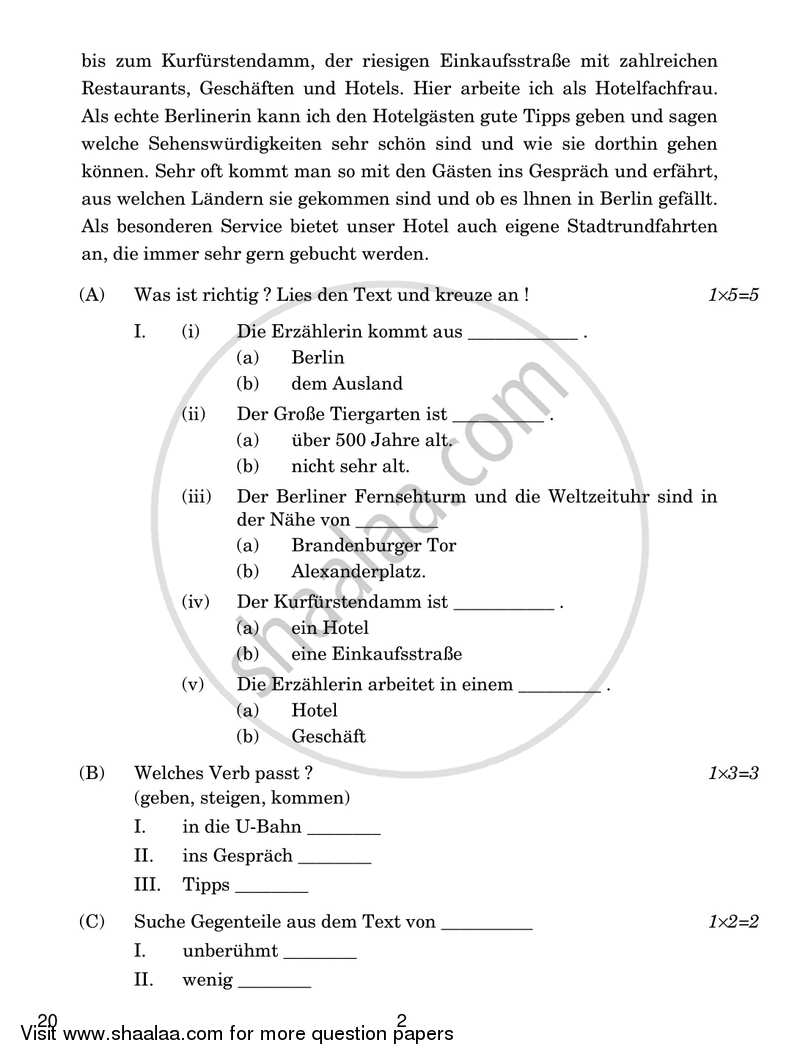 German 2018-2019 - CBSE 12th - Class 12 - CBSE (Central Board of Secondary Education) question paper with PDF download