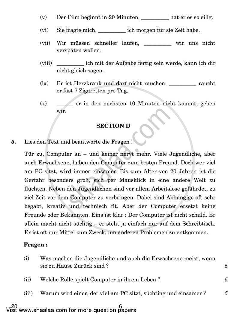 German 2018-2019 - CBSE 12th - Class 12 - CBSE (Central Board of Secondary Education) question paper with PDF download