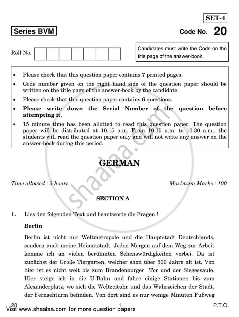 German 2018-2019 - CBSE 12th - Class 12 - CBSE (Central Board of Secondary Education) question paper with PDF download