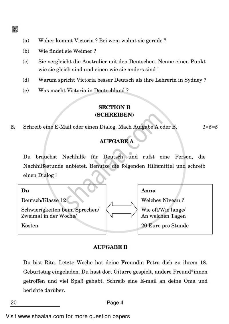 German 2021-2022 - CBSE 12th - Class 12 - CBSE (Central Board of Secondary Education) question paper with PDF download