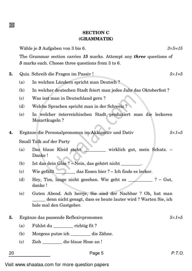 German 2021-2022 - CBSE 12th - Class 12 - CBSE (Central Board of Secondary Education) question paper with PDF download