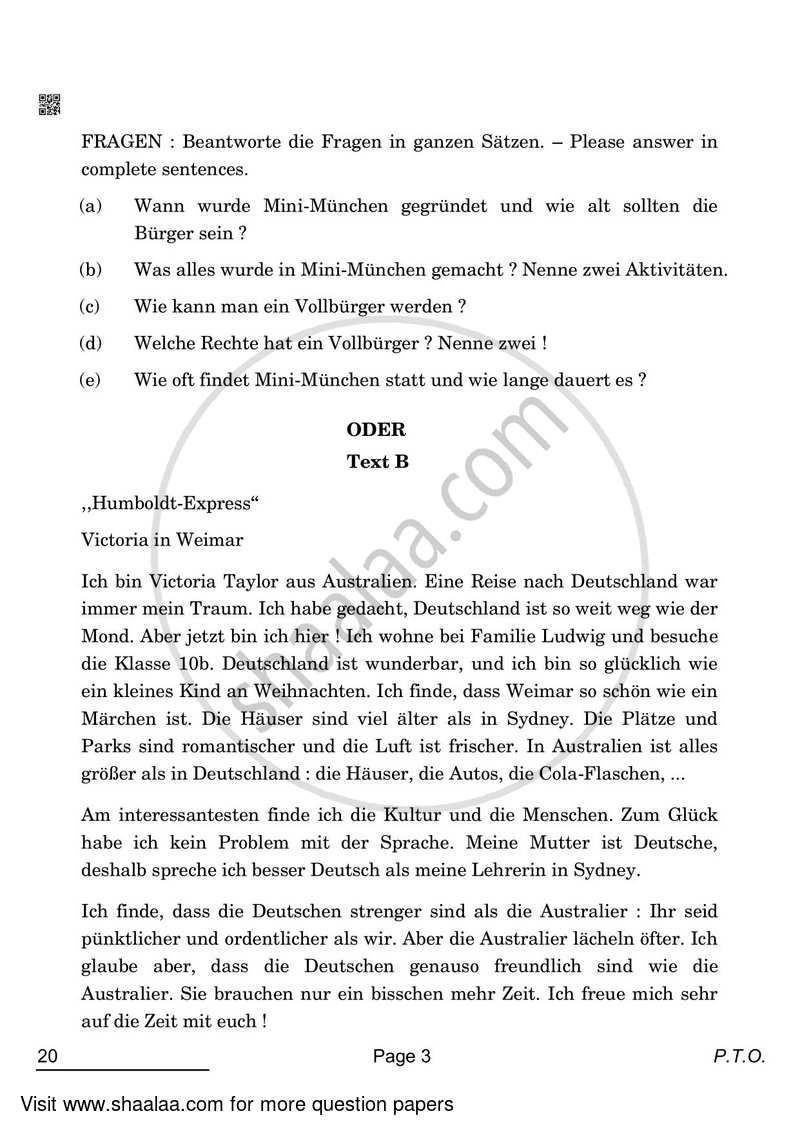 German 2021-2022 - CBSE 12th - Class 12 - CBSE (Central Board of Secondary Education) question paper with PDF download