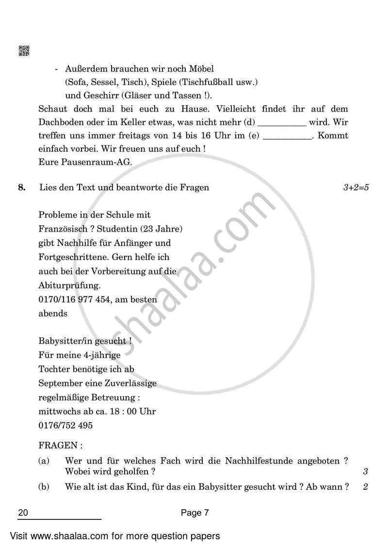 German 2021-2022 - CBSE 12th - Class 12 - CBSE (Central Board of Secondary Education) question paper with PDF download