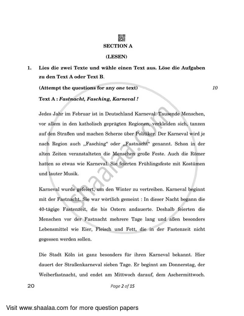 German 2022-2023 - CBSE 12th - Class 12 - CBSE (Central Board of Secondary Education) question paper with PDF download