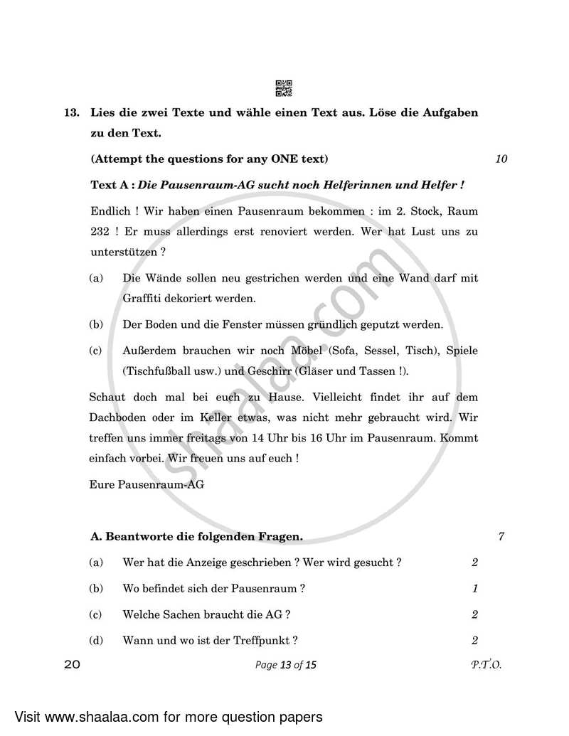 German 2022-2023 - CBSE 12th - Class 12 - CBSE (Central Board of Secondary Education) question paper with PDF download