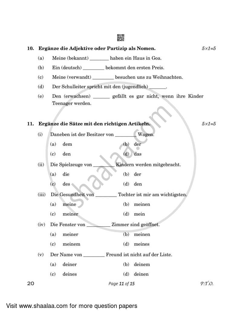 German 2022-2023 - CBSE 12th - Class 12 - CBSE (Central Board of Secondary Education) question paper with PDF download