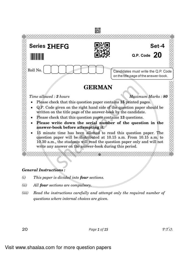 German 2022-2023 - CBSE 12th - Class 12 - CBSE (Central Board of Secondary Education) question paper with PDF download