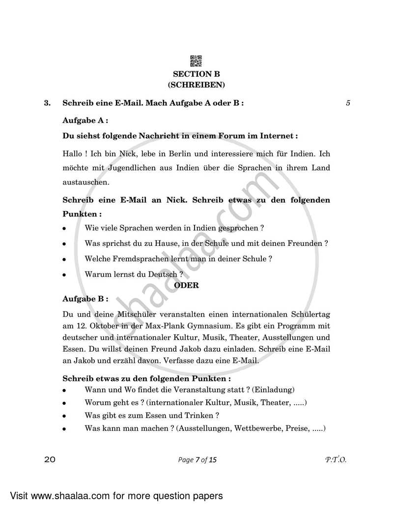 German 2022-2023 - CBSE 12th - Class 12 - CBSE (Central Board of Secondary Education) question paper with PDF download