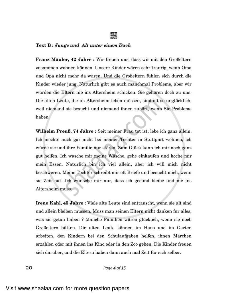 German 2022-2023 - CBSE 12th - Class 12 - CBSE (Central Board of Secondary Education) question paper with PDF download