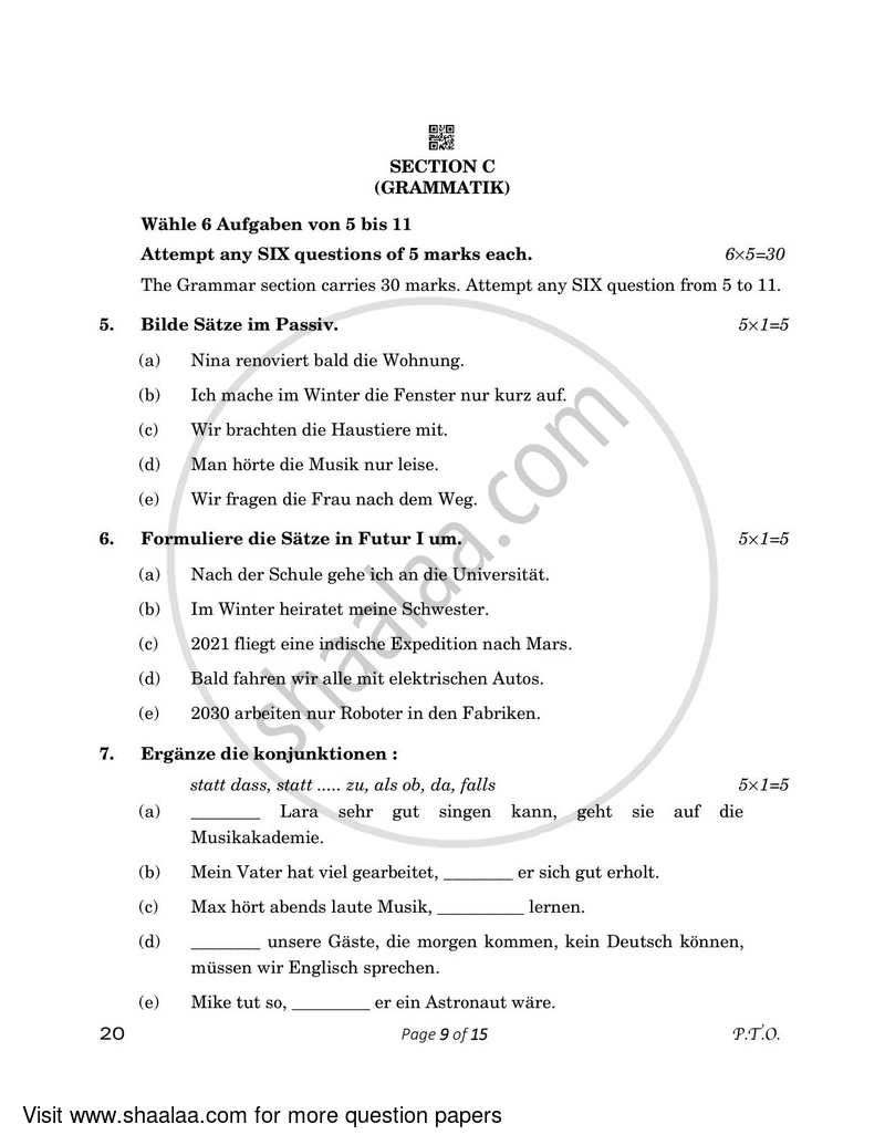 German 2022-2023 - CBSE 12th - Class 12 - CBSE (Central Board of Secondary Education) question paper with PDF download