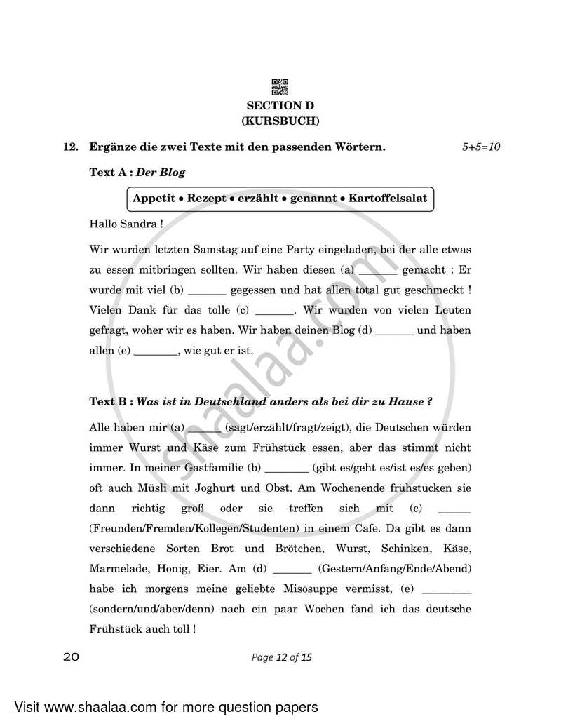 German 2022-2023 - CBSE 12th - Class 12 - CBSE (Central Board of Secondary Education) question paper with PDF download