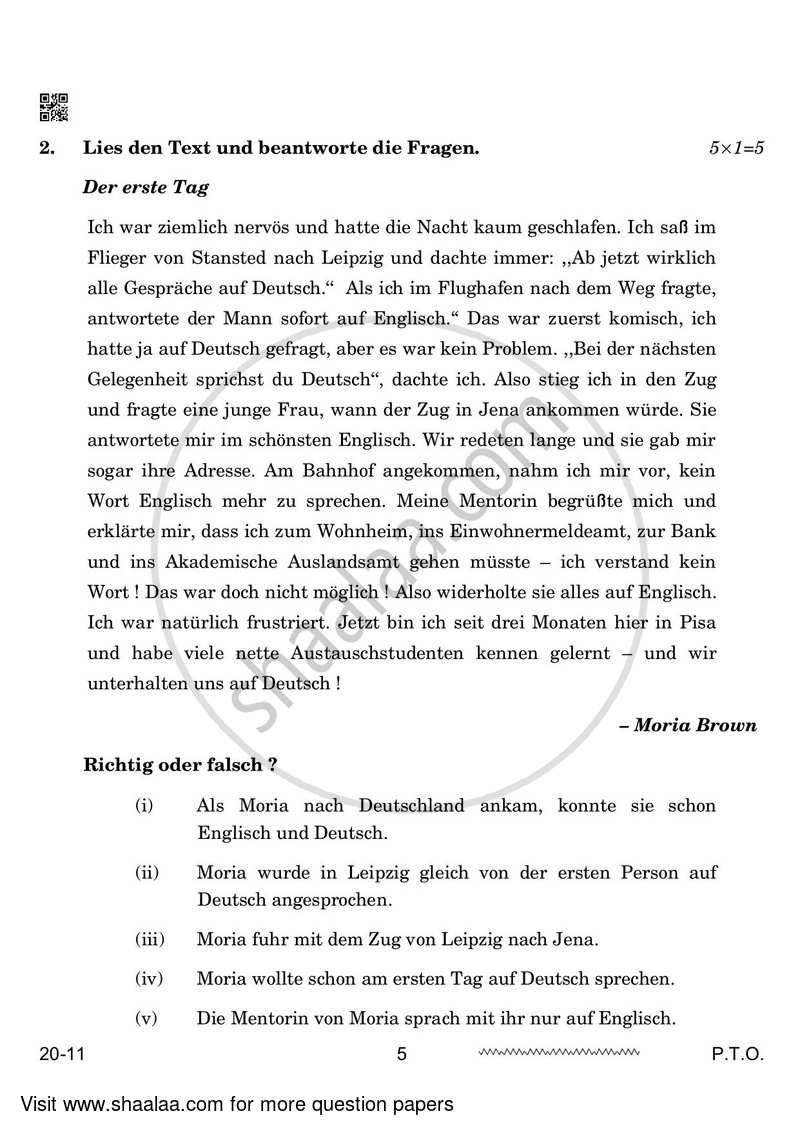 German 2023-2024 - CBSE 12th - Class 12 - CBSE (Central Board of Secondary Education) question paper with PDF download