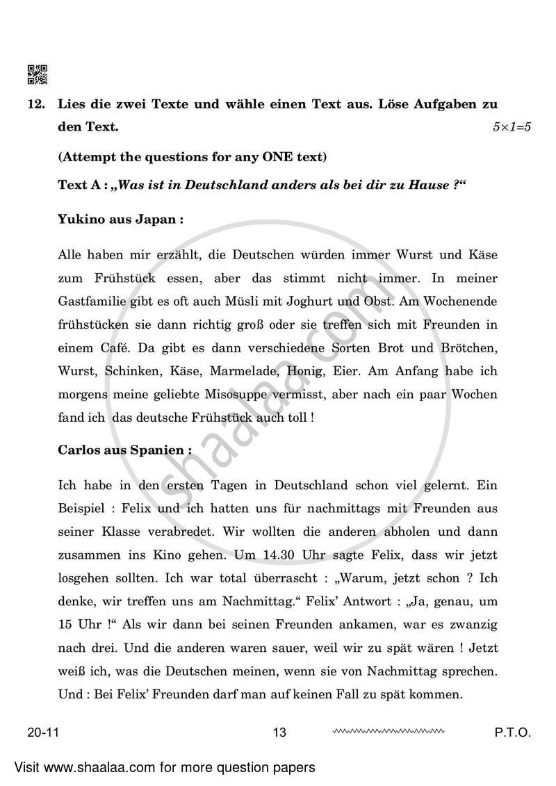 German 2023-2024 - CBSE 12th - Class 12 - CBSE (Central Board of Secondary Education) question paper with PDF download