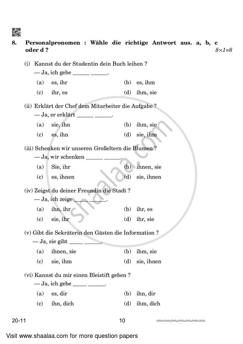 German 2023-2024 - CBSE 12th - Class 12 - CBSE (Central Board of Secondary Education) question paper with PDF download