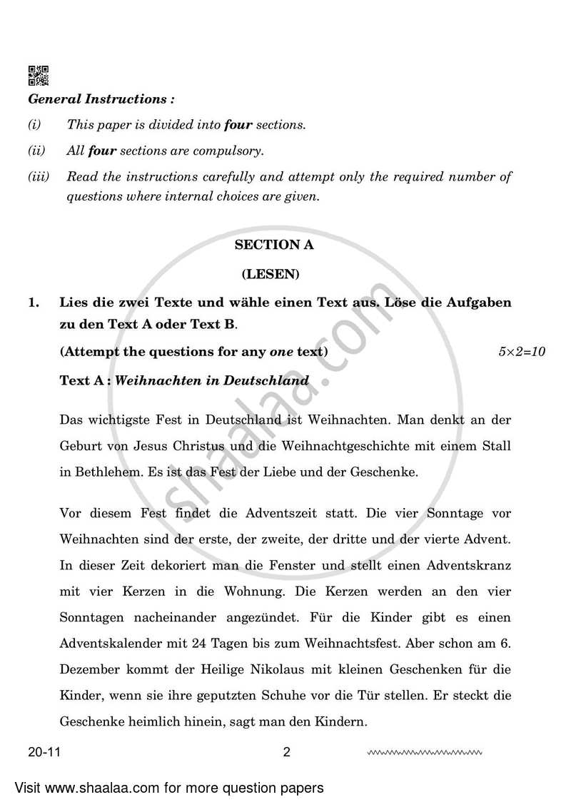 German 2023-2024 - CBSE 12th - Class 12 - CBSE (Central Board of Secondary Education) question paper with PDF download