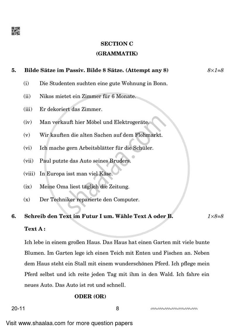 German 2023-2024 - CBSE 12th - Class 12 - CBSE (Central Board of Secondary Education) question paper with PDF download