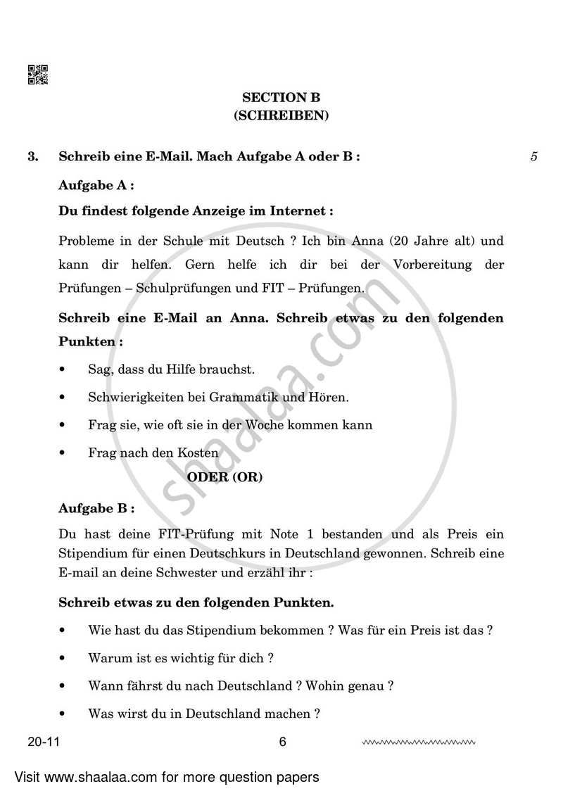 German 2023-2024 - CBSE 12th - Class 12 - CBSE (Central Board of Secondary Education) question paper with PDF download