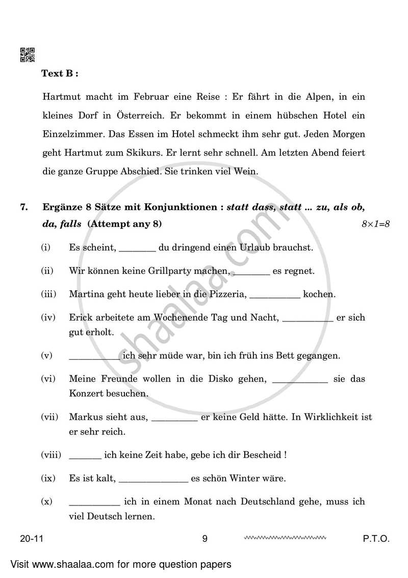 German 2023-2024 - CBSE 12th - Class 12 - CBSE (Central Board of Secondary Education) question paper with PDF download