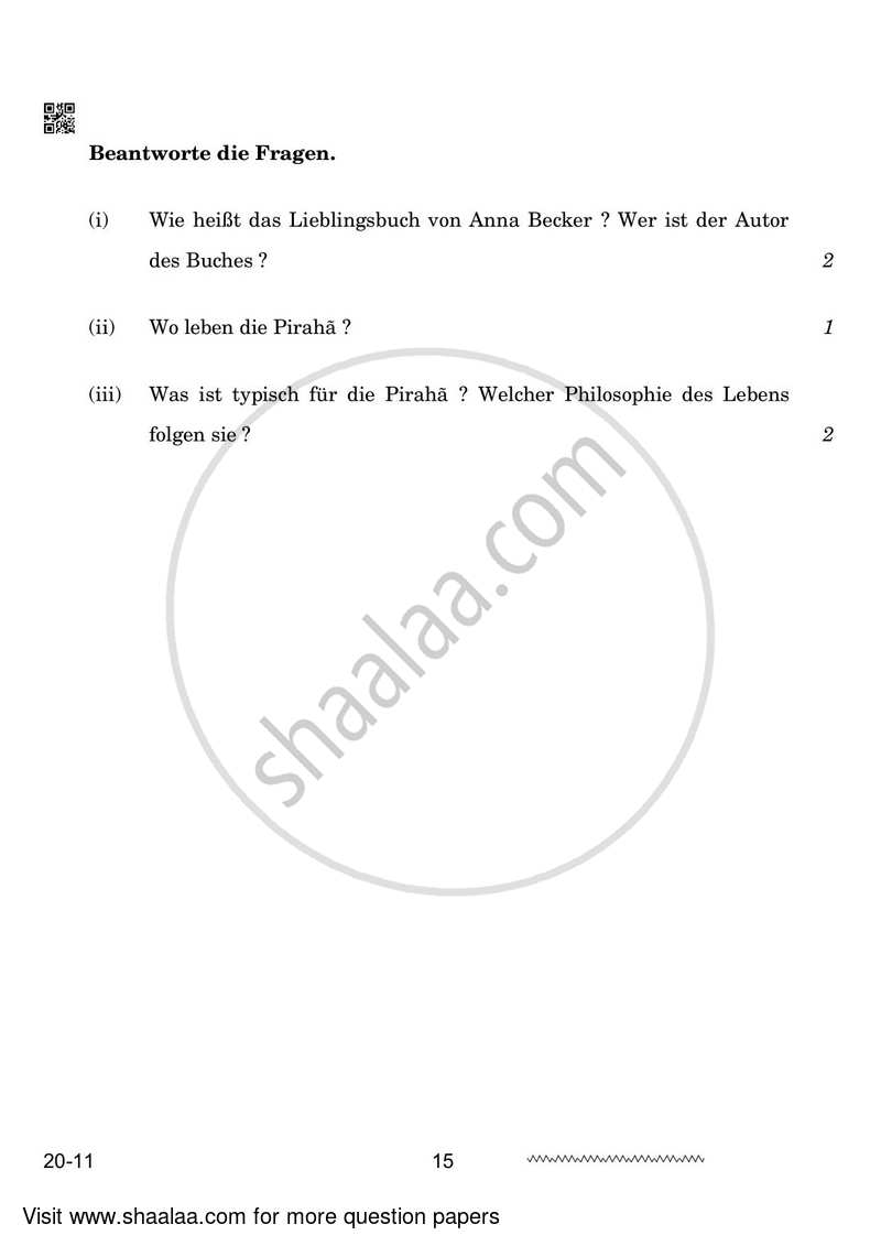 German 2023-2024 - CBSE 12th - Class 12 - CBSE (Central Board of Secondary Education) question paper with PDF download