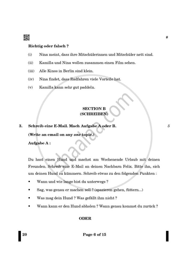 German 2024-2025 - CBSE 12th - Class 12 - CBSE (Central Board of Secondary Education) question paper with PDF download