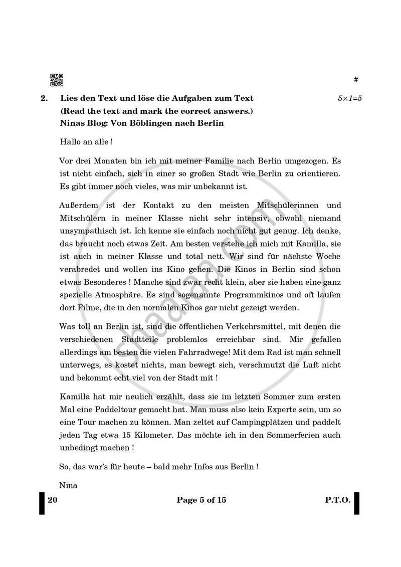 German 2024-2025 - CBSE 12th - Class 12 - CBSE (Central Board of Secondary Education) question paper with PDF download