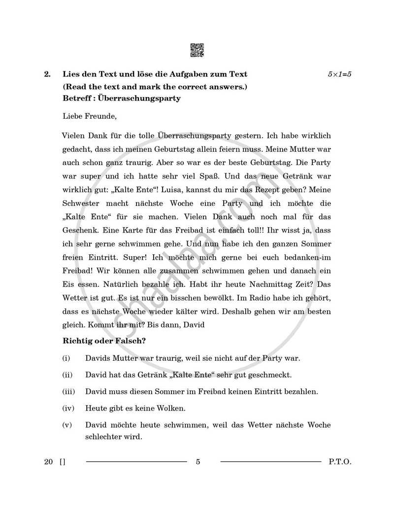 German 2025-2026 - CBSE 12th - Class 12 - CBSE (Central Board of Secondary Education) question paper with PDF download