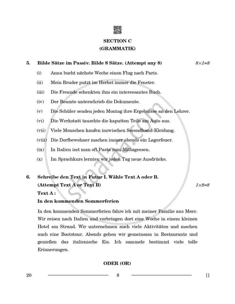 German 2025-2026 - CBSE 12th - Class 12 - CBSE (Central Board of Secondary Education) question paper with PDF download