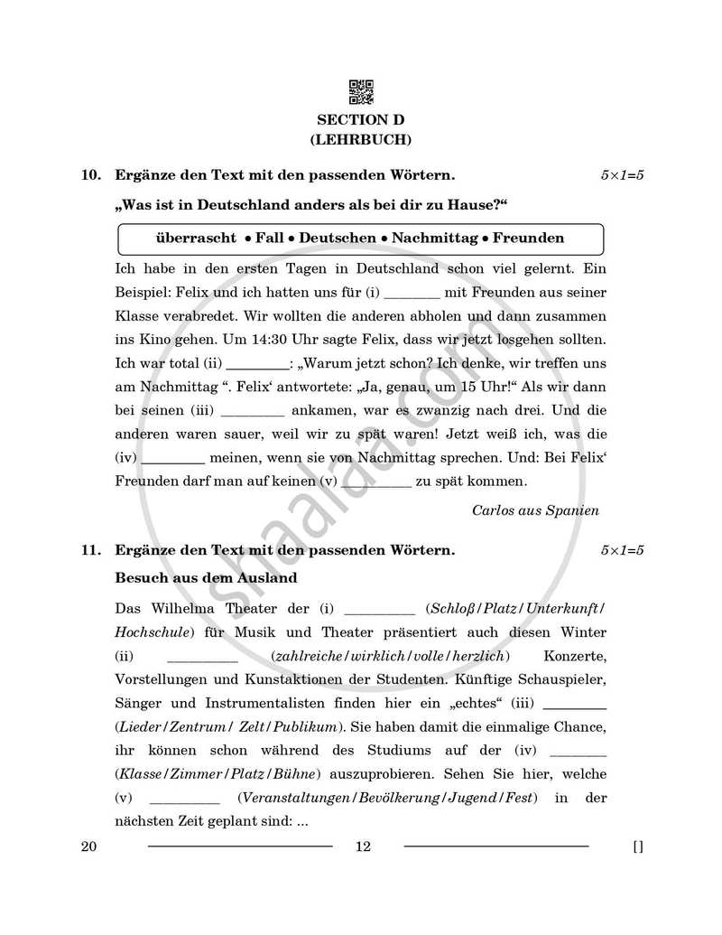 German 2025-2026 - CBSE 12th - Class 12 - CBSE (Central Board of Secondary Education) question paper with PDF download