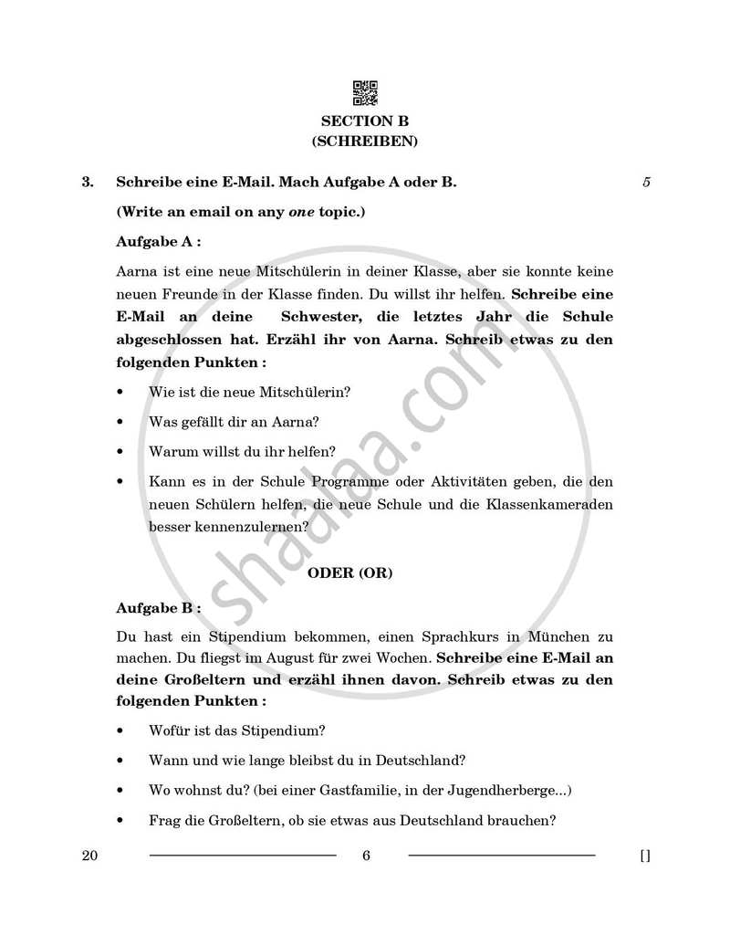 German 2025-2026 - CBSE 12th - Class 12 - CBSE (Central Board of Secondary Education) question paper with PDF download