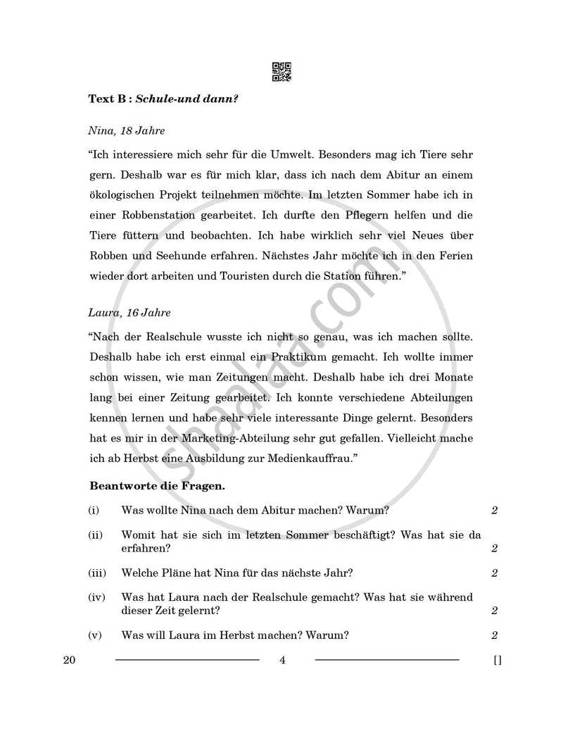 German 2025-2026 - CBSE 12th - Class 12 - CBSE (Central Board of Secondary Education) question paper with PDF download