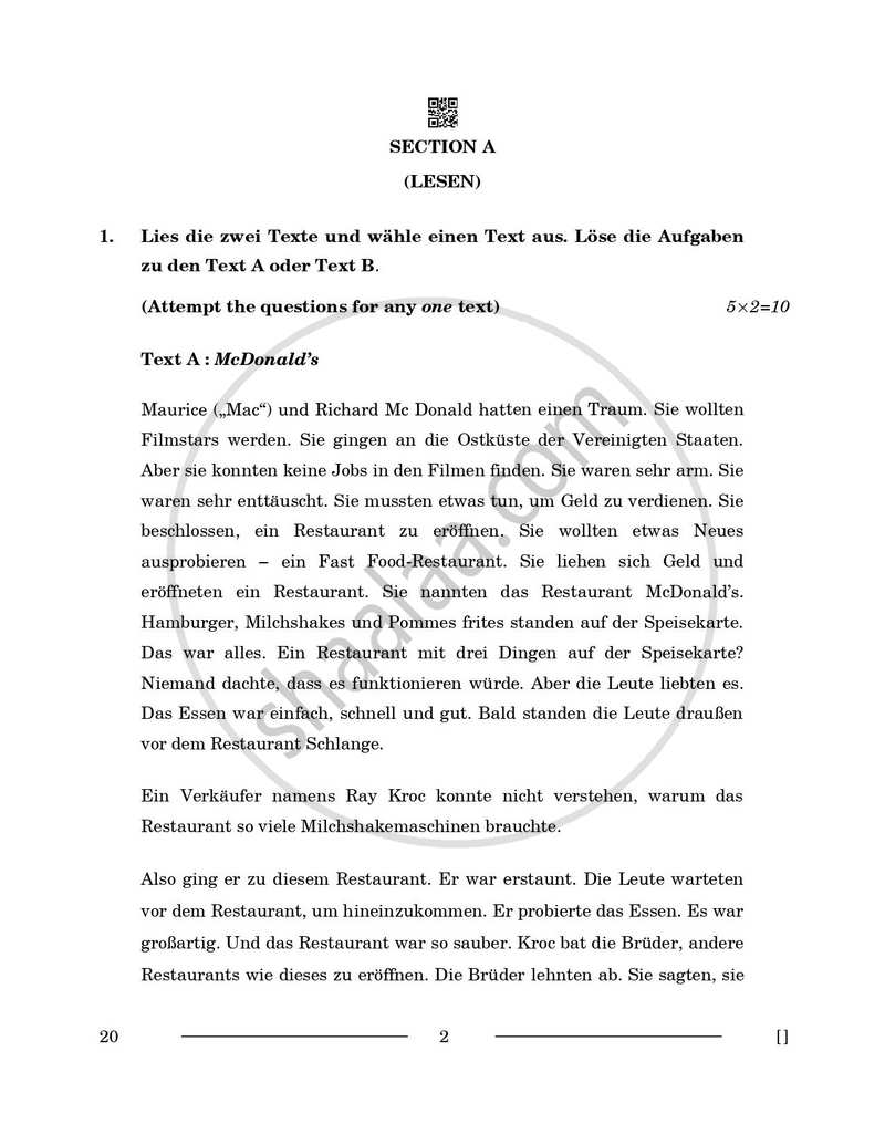 German 2025-2026 - CBSE 12th - Class 12 - CBSE (Central Board of Secondary Education) question paper with PDF download
