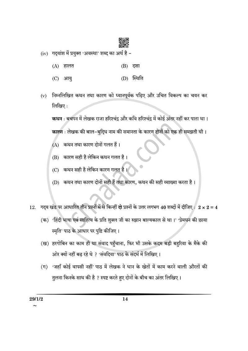 Hindi (Elective) 2024-2025 - CBSE 12th - Class 12 - CBSE (Central Board of Secondary Education) question paper with PDF download