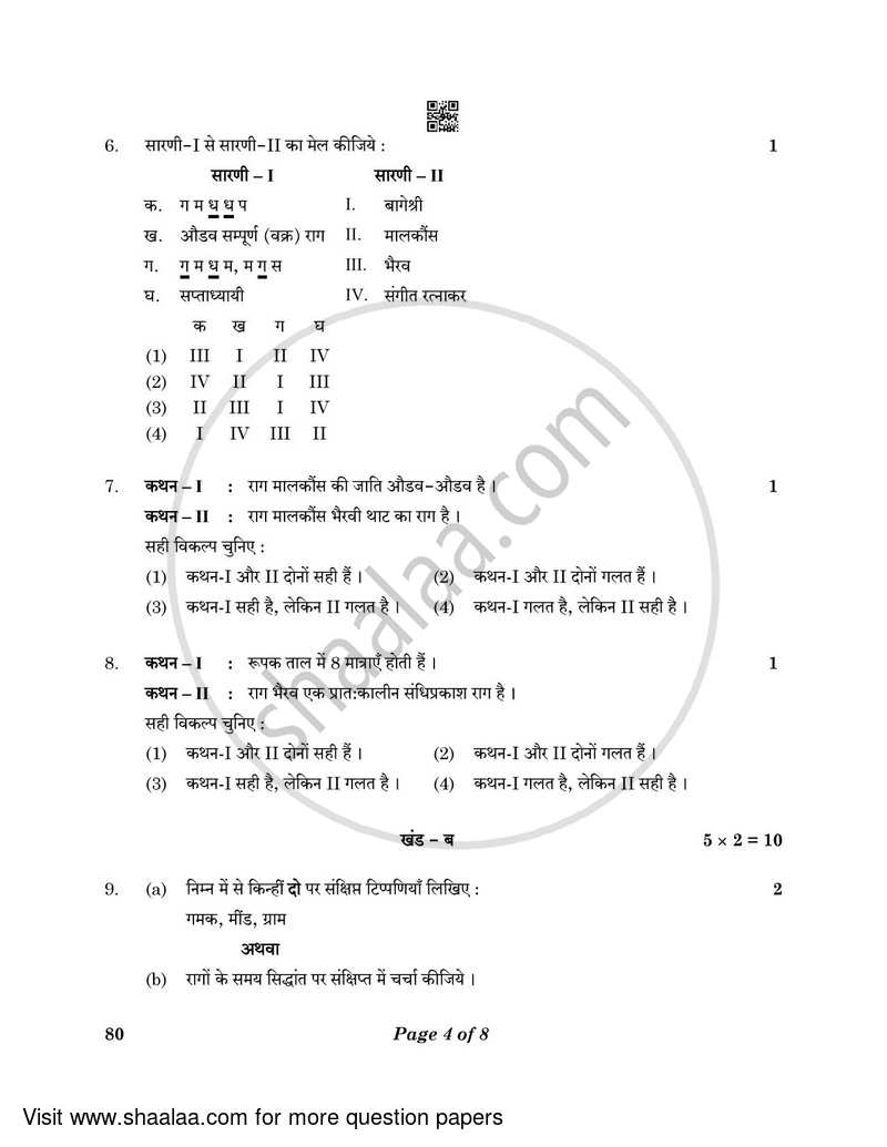Hindustani Music (Melodic Instrument) 2022-2023 - CBSE 12th - Class 12 - CBSE (Central Board of Secondary Education) question paper with PDF download