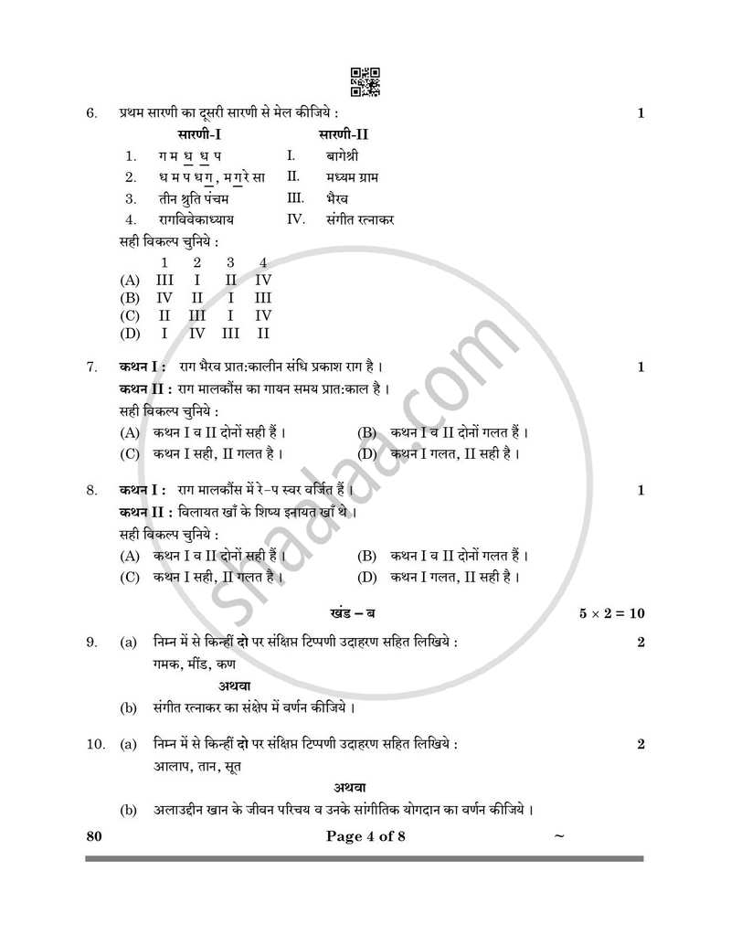 Hindustani Music (Melodic Instrument) 2024-2025 - CBSE 12th - Class 12 - CBSE (Central Board of Secondary Education) question paper with PDF download