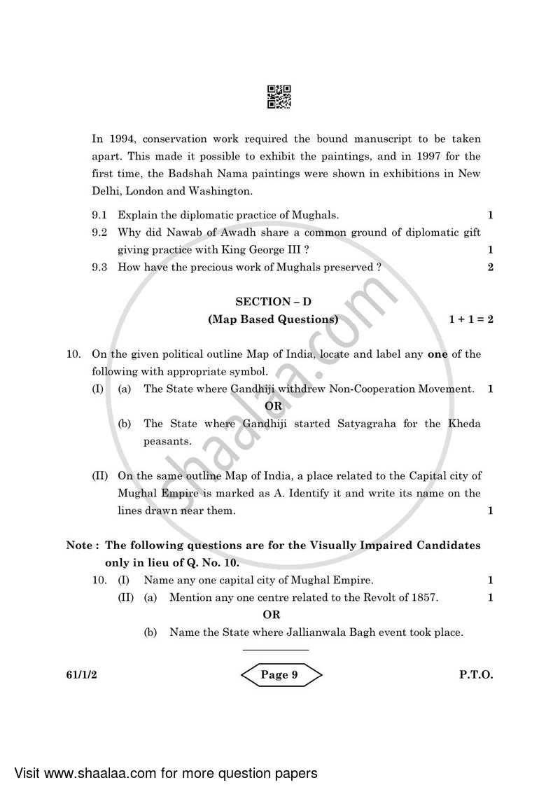 History 2021-2022 - CBSE 12th - Class 12 - CBSE (Central Board of Secondary Education) question paper with PDF download