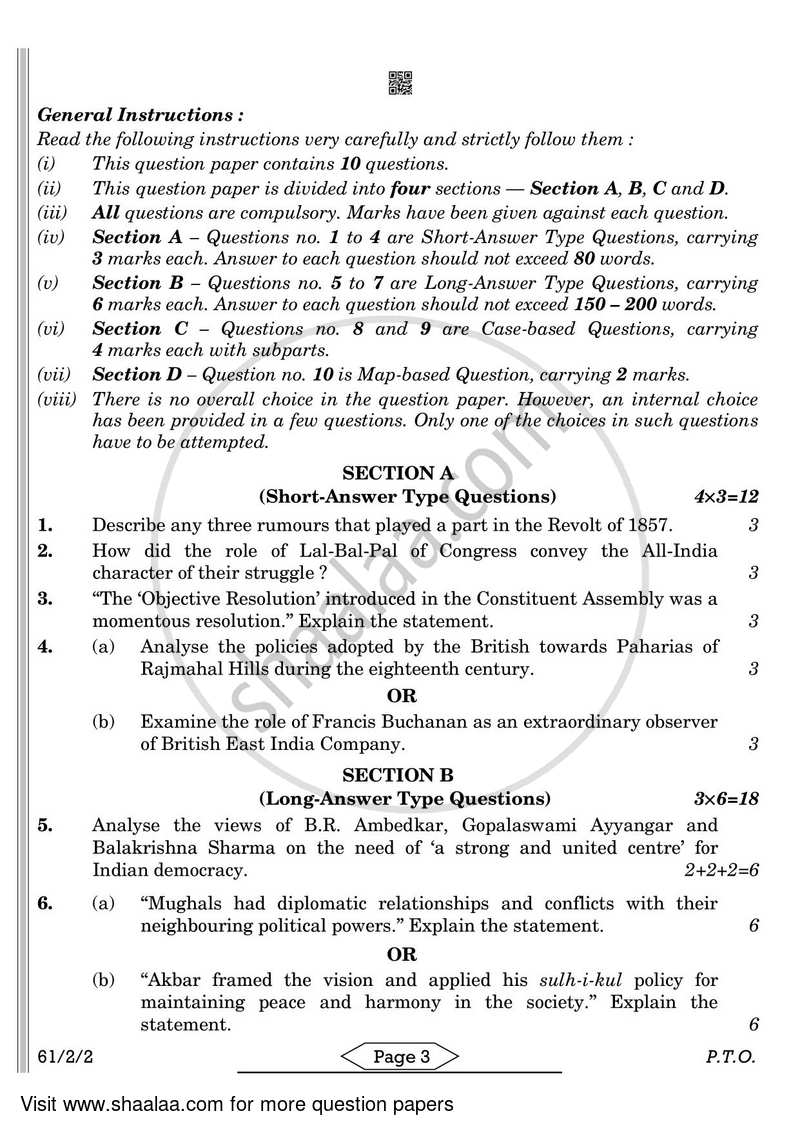 History 2021-2022 - CBSE 12th - Class 12 - CBSE (Central Board of Secondary Education) question paper with PDF download