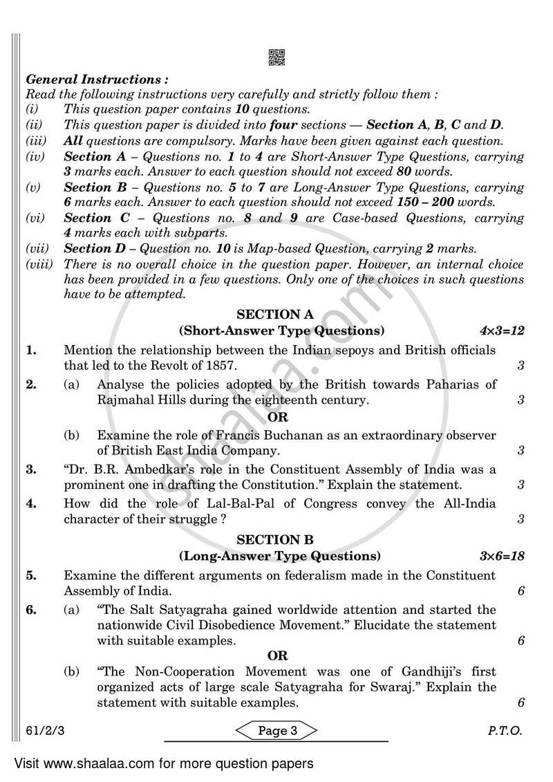 History 2021-2022 - CBSE 12th - Class 12 - CBSE (Central Board of Secondary Education) question paper with PDF download