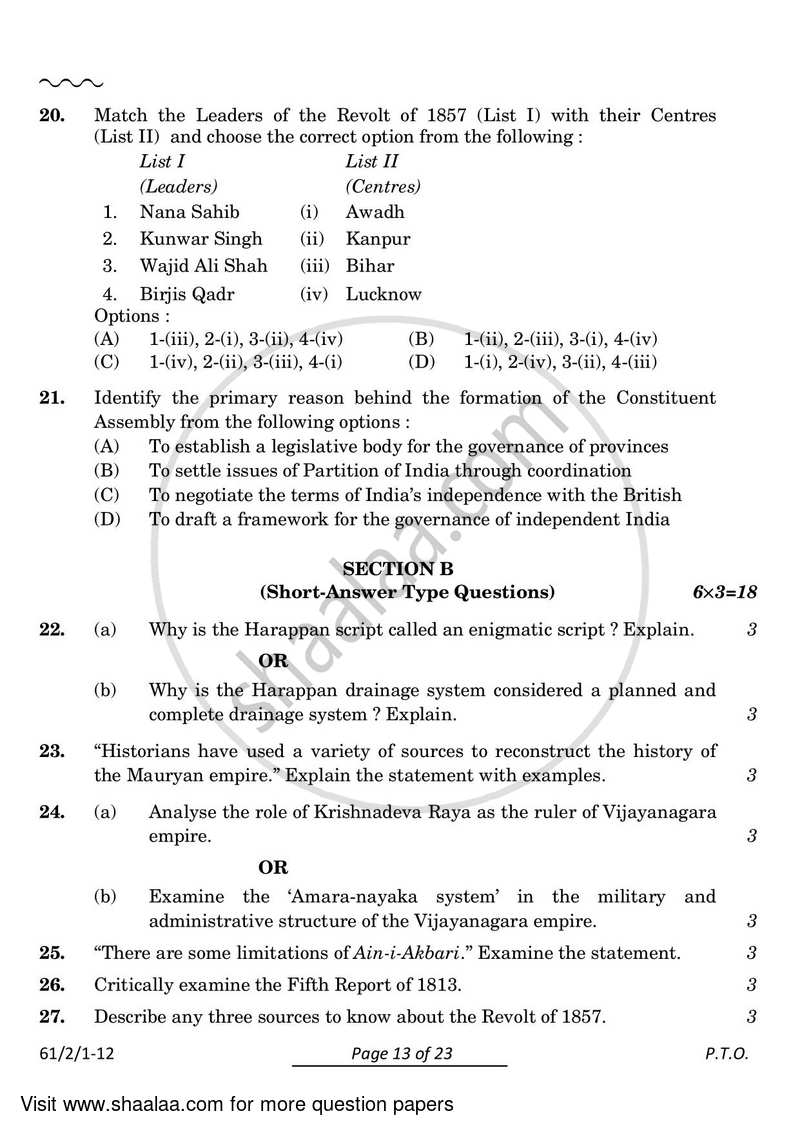History 2023-2024 - CBSE 12th - Class 12 - CBSE (Central Board of Secondary Education) question paper with PDF download