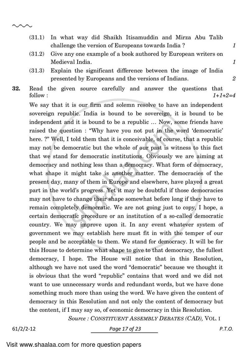 History 2023-2024 - CBSE 12th - Class 12 - CBSE (Central Board of Secondary Education) question paper with PDF download